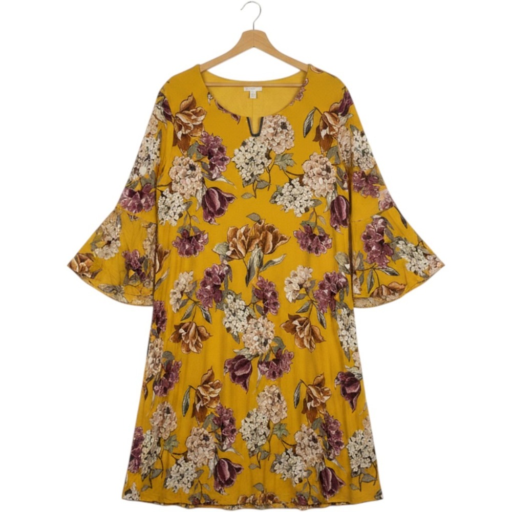 CJ Banks Womens Mustard Yellow Floral Bell Sleeve Shift Dress Gold V-Neck Accent